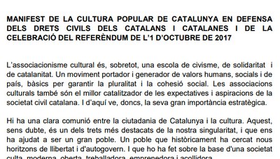 Alcarràs es suma al manifest de la cultura popular en defensa dels drets civils dels catalans i de la celebració del referèndum