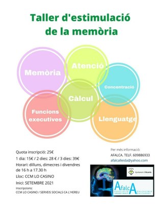 L’Ajuntament d’Alcarràs i Afalca oferiran aquesta tardor un Taller d’Estimulació de la Memòria 